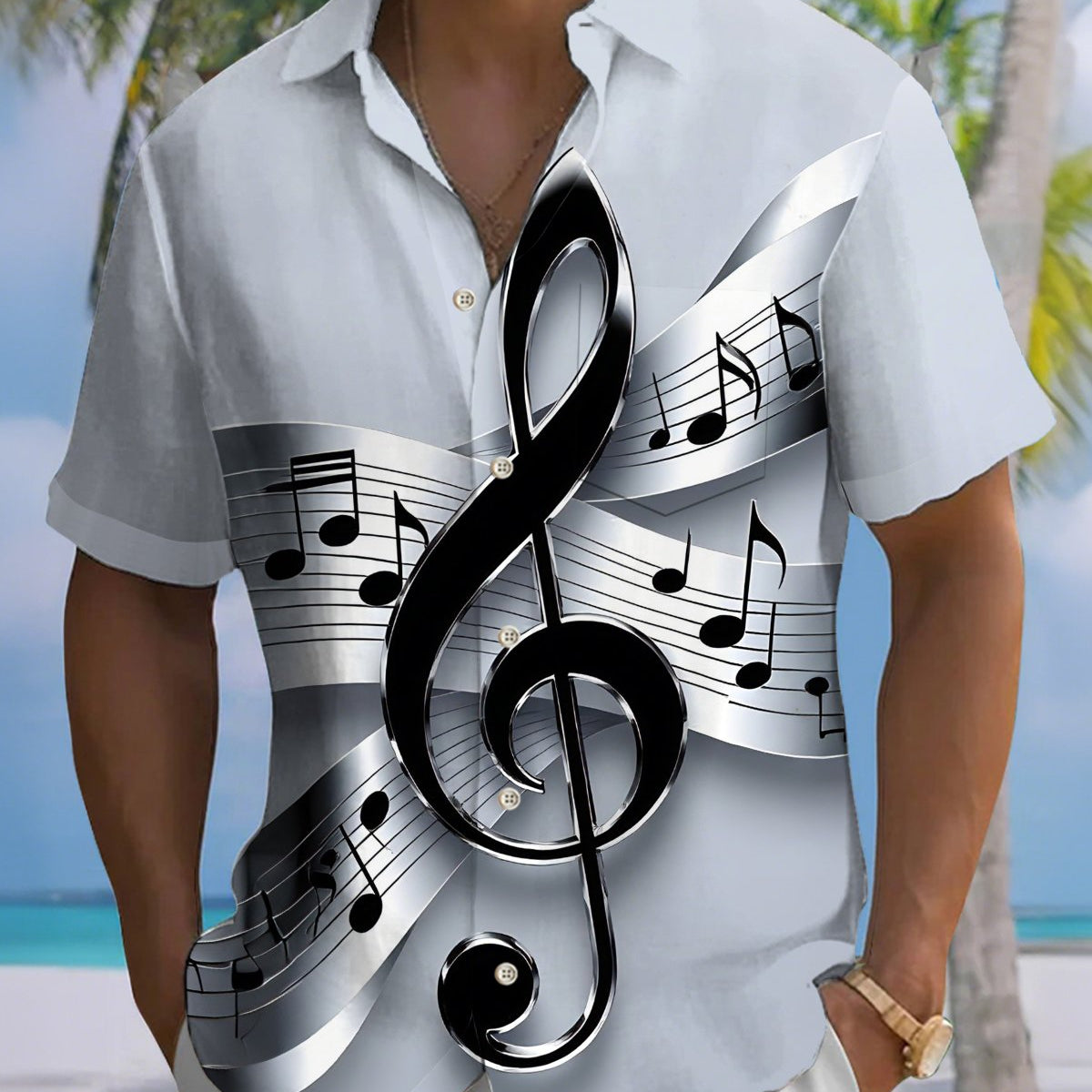 Alohadaddy® Men's Short-Sleeve Button-Down Shirt Casual Music-Themed Graphic Print with Pocket