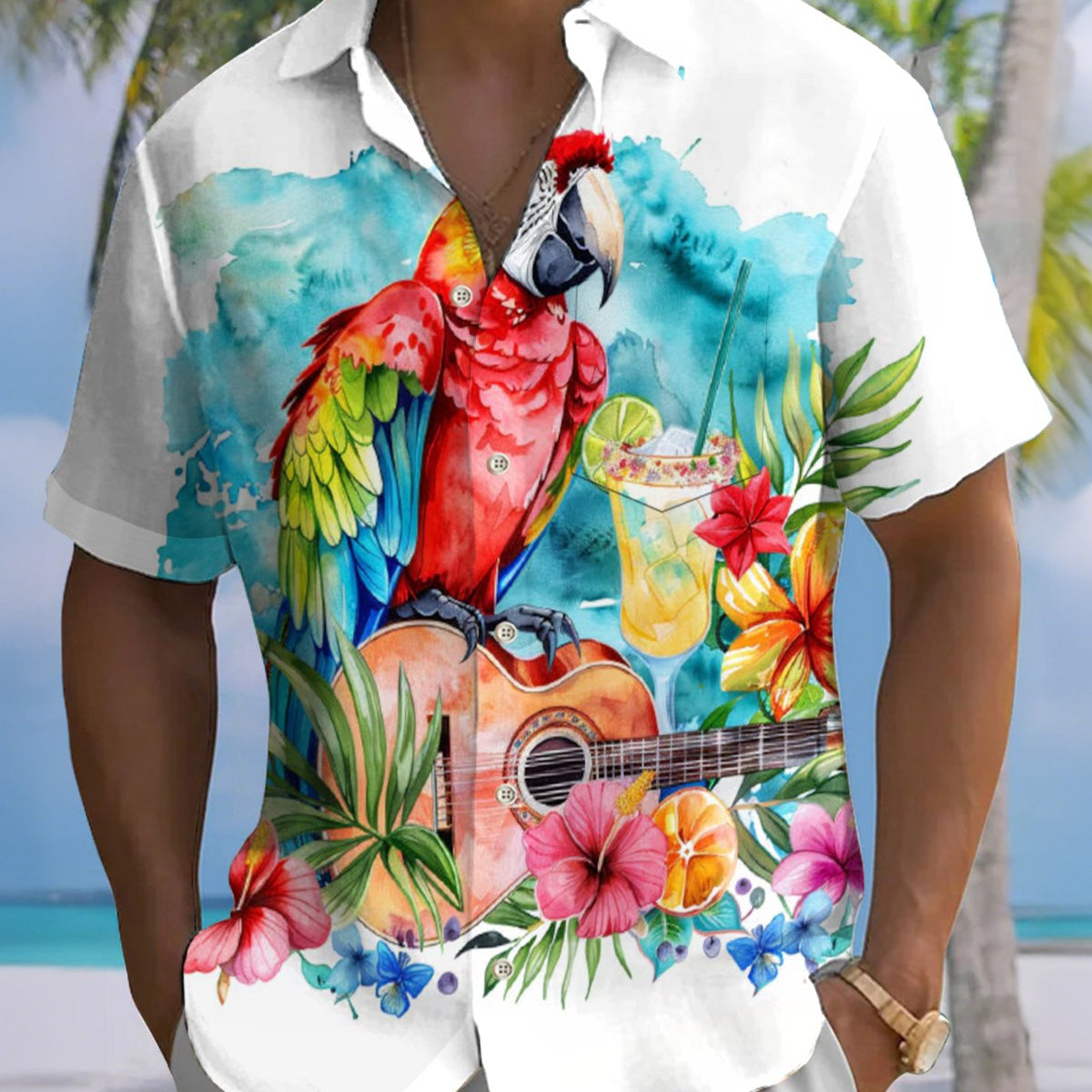 Alohadaddy® Men's Short-Sleeve Button-Down Shirt with Parrot Print Pocket and Cardigan-Style Front