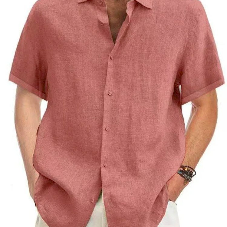 Camisa de manga corta con botones de lino y algodón de color liso para hombre