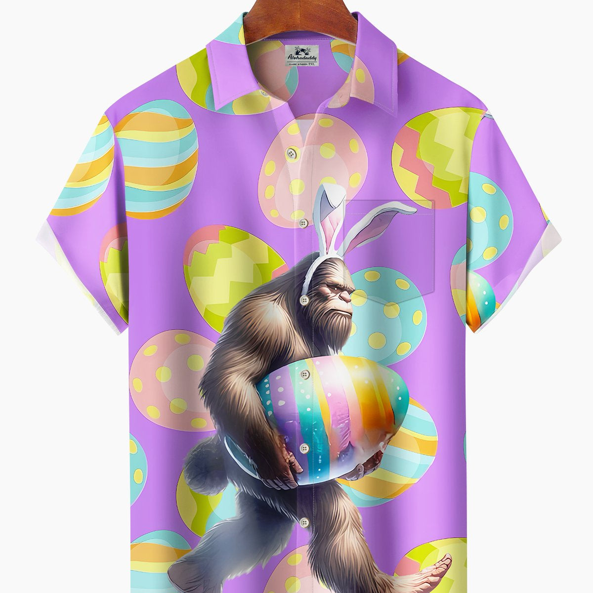 Alohadaddy Hawaii Easter Bigfoot Print Art Buttons Stretch Large Size Men's Shirt