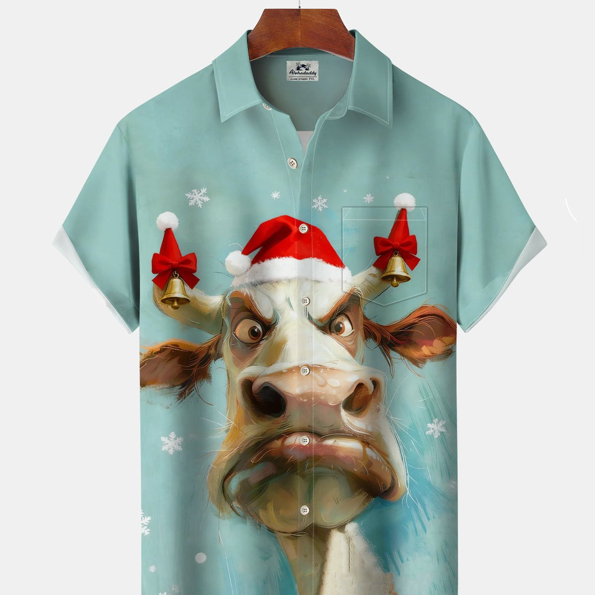 Alohadaddy® Christmas Fun Cow Print Pocket Button Men's Short Sleeve Shirt Big & Tall