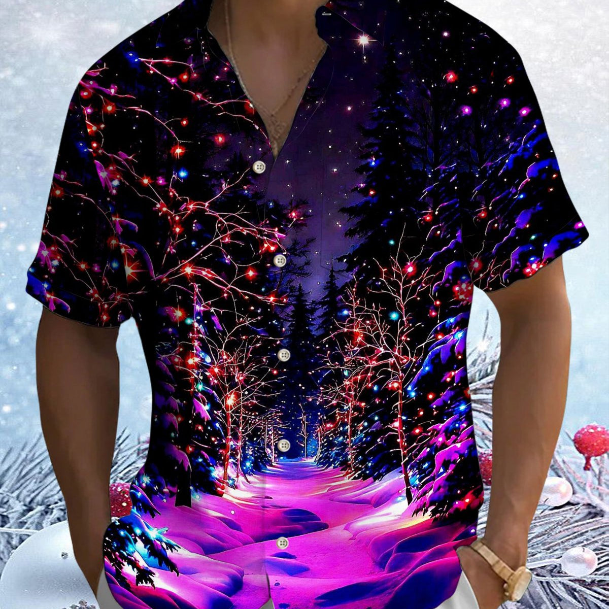 Alohadaddy® Christmas Snow Forest Lights Print Pocket Elastic Button Men's Short Sleeve Shirt Big & Tall