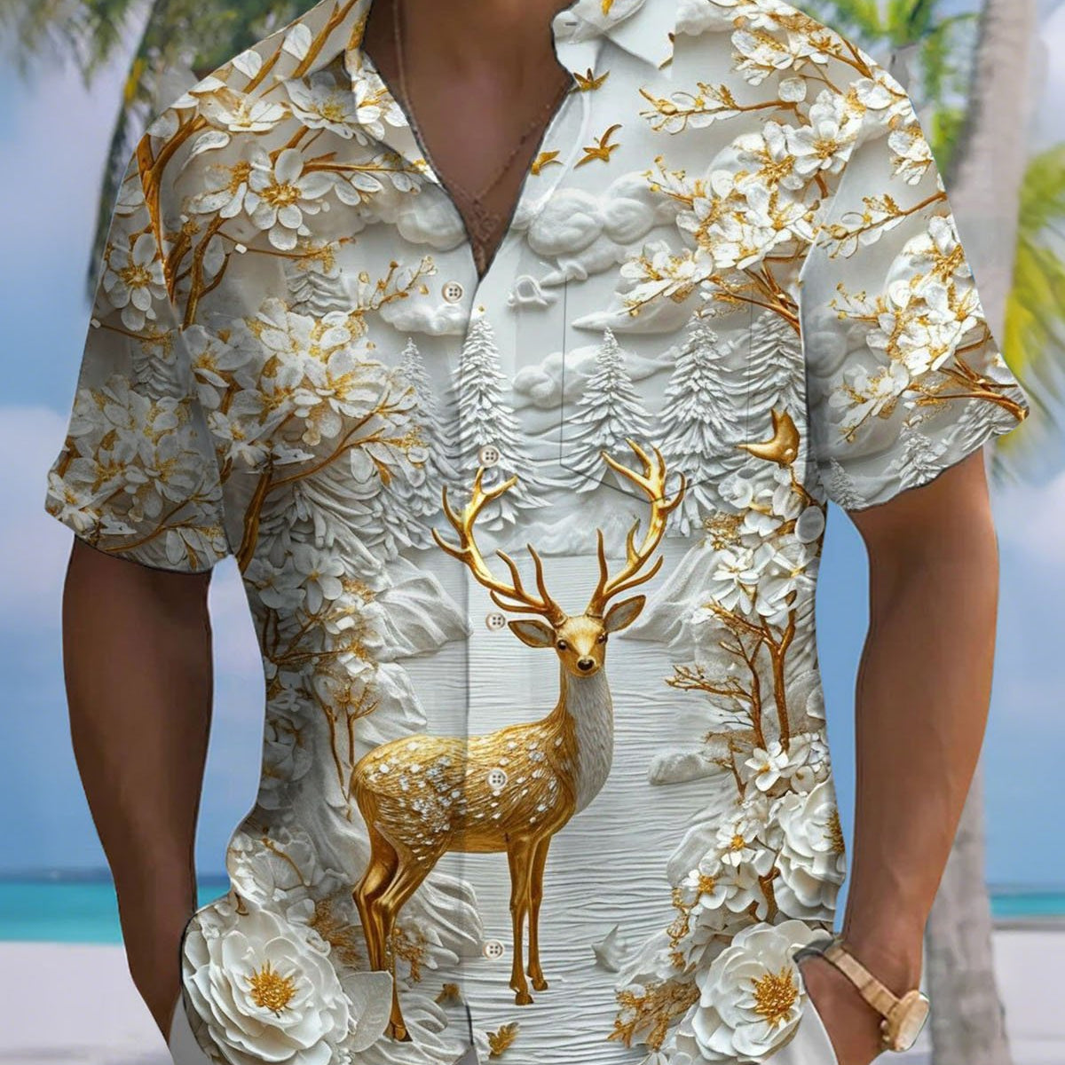 Alohadaddy® Casual Reindeer Art Print Stretch Button Pocket Men's Short Sleeve Shirt Big & Tall