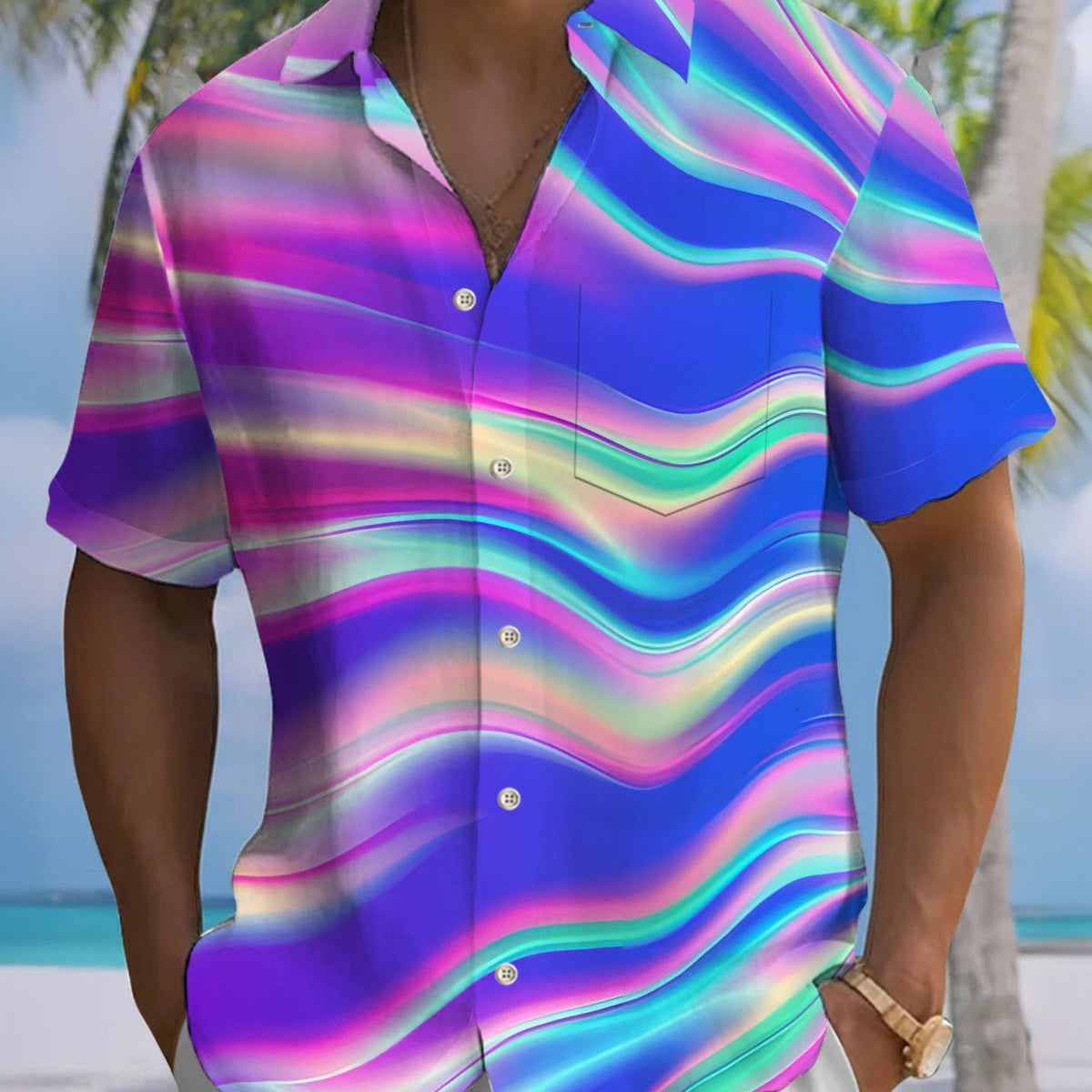 Alohadaddy® Casual Abstract Print Art Button Cardigan Pocket Men's Short Sleeve Shirt Big & Tall