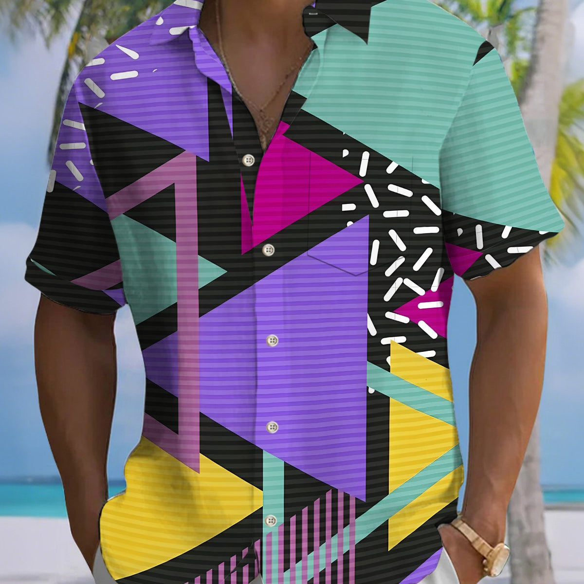 Alohadaddy® Casual Geometric Print Art Button Pocket Cardigan Men's Short Sleeve Shirt Big & Tall