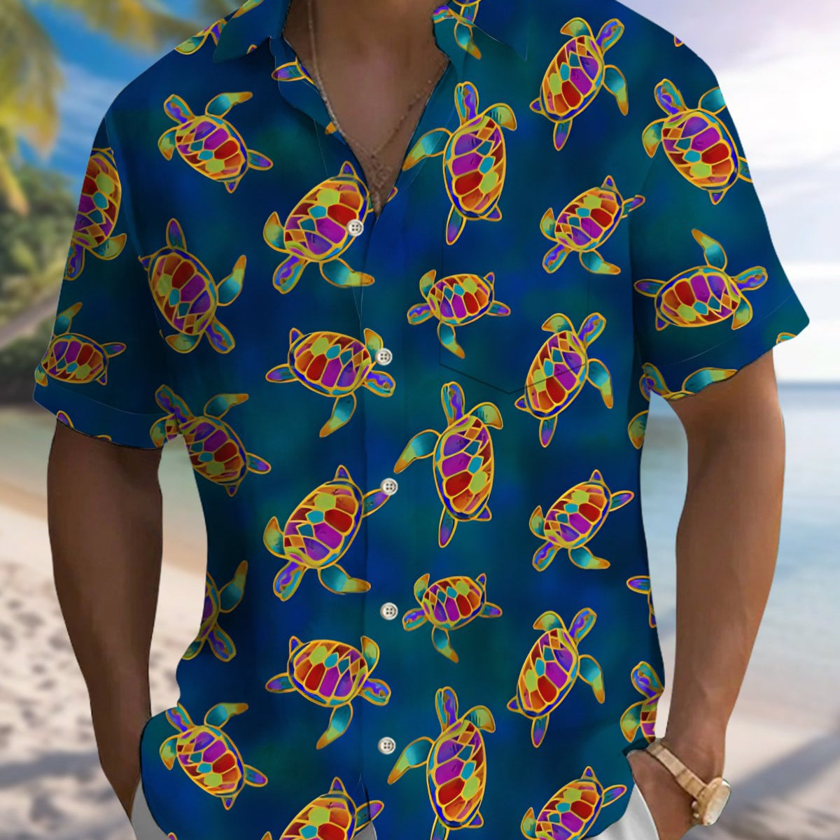 Alohadaddy® Hawaiian Turtle Print Art Button Pocket Cardigan Men's Short Sleeve Shirt Big & Tall