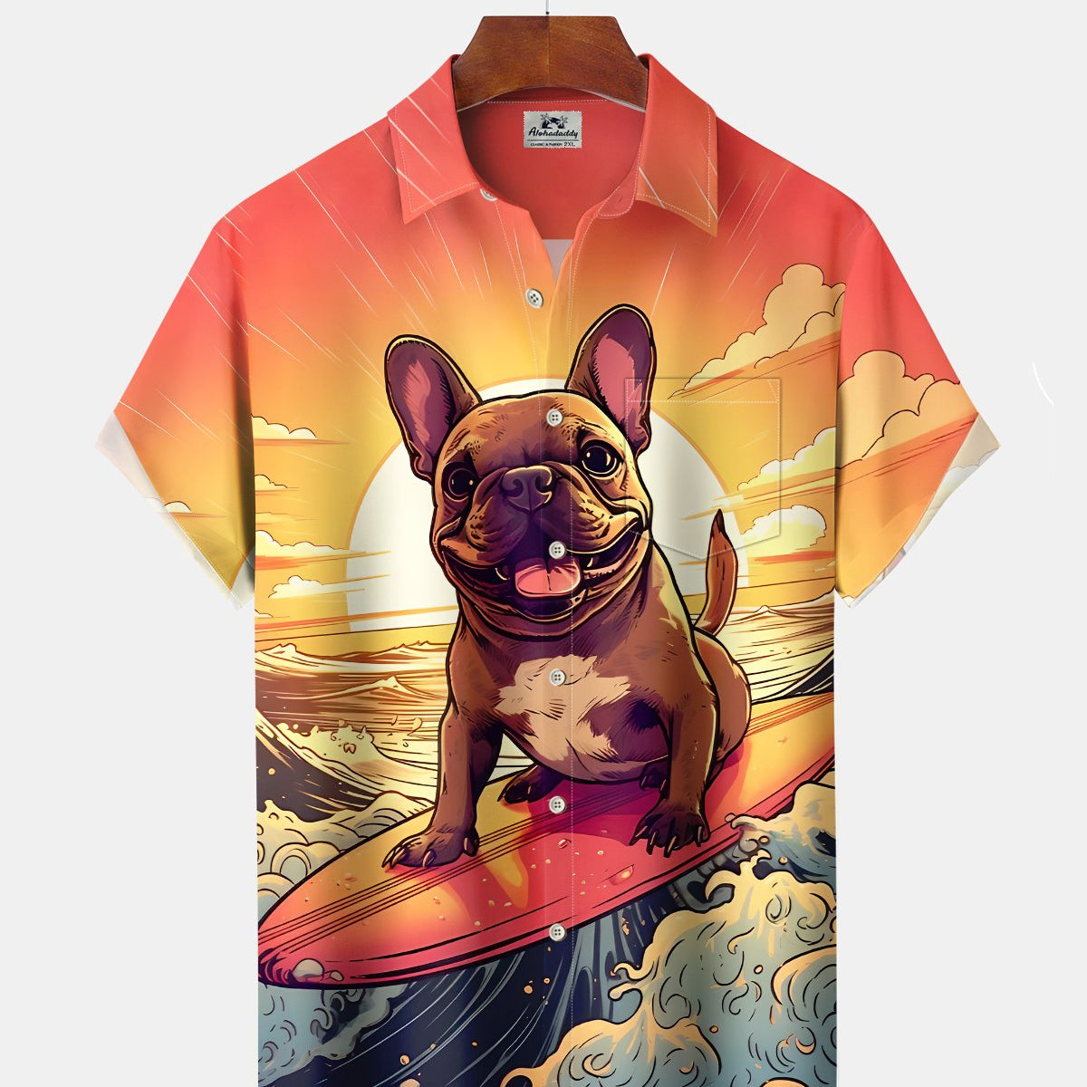 Alohadaddy® Hawaiian French Bulldog Print Art Button Pocket Cardigan Men's Short Sleeve Shirt Big & Tall