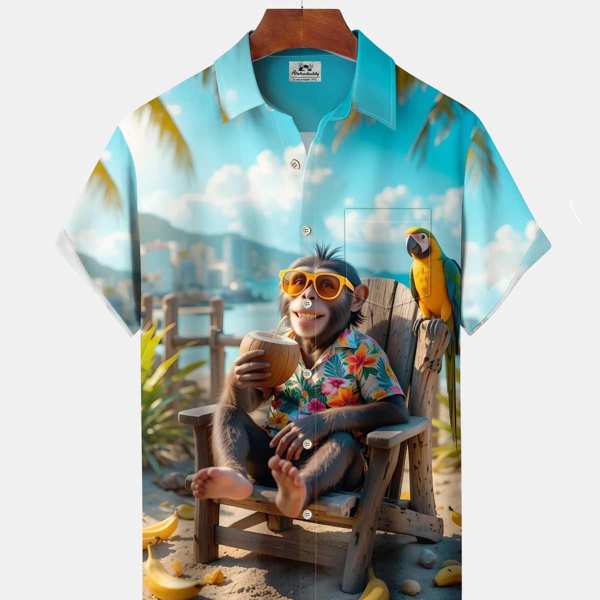 Alohadaddy® Hawaiian Monkey Print Art Button Cardigan with Pockets for Men's Short-Sleeve Shirt