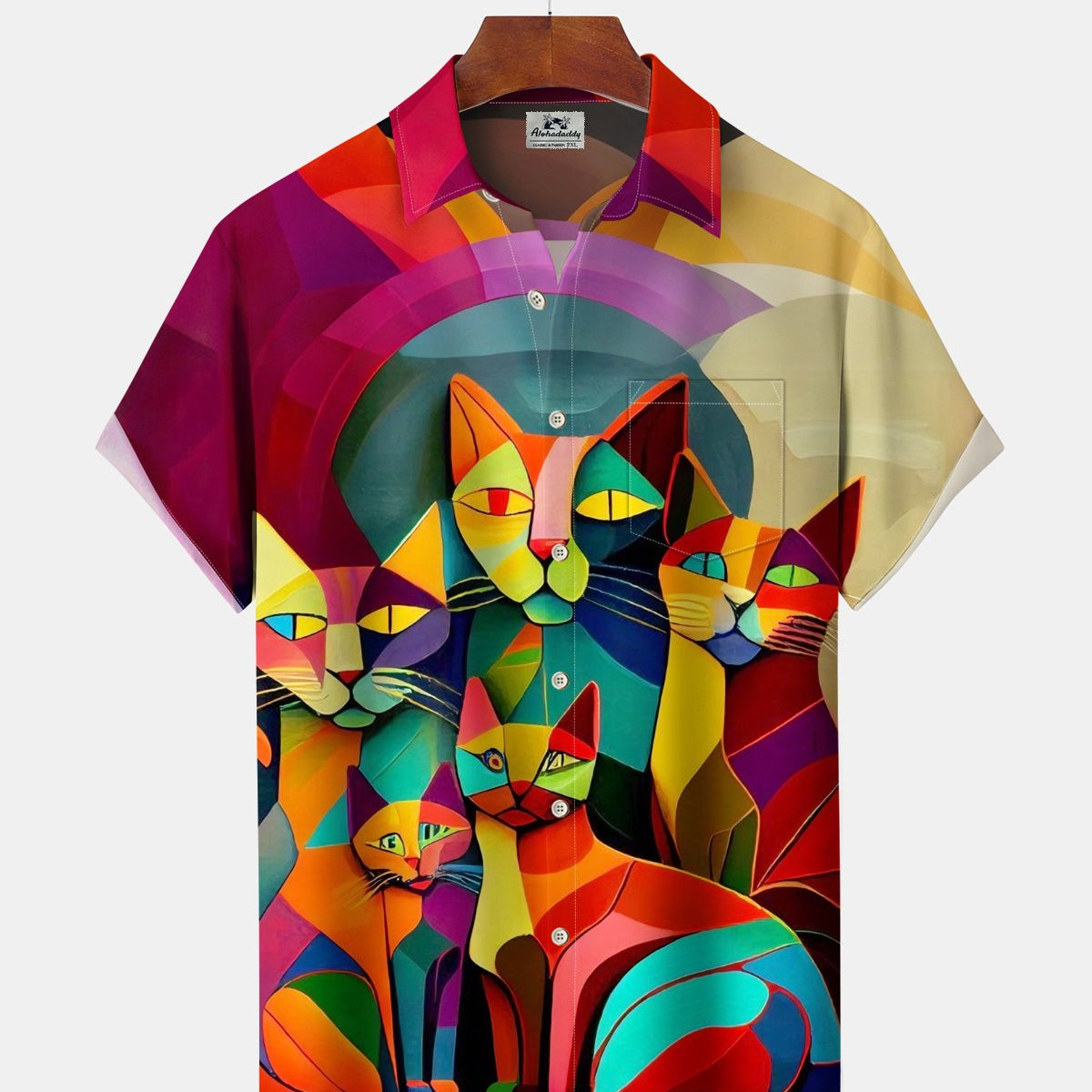 Alohadaddy® Men's Short-Sleeve Button-Down Shirt with Retro Cat Print and Pocket