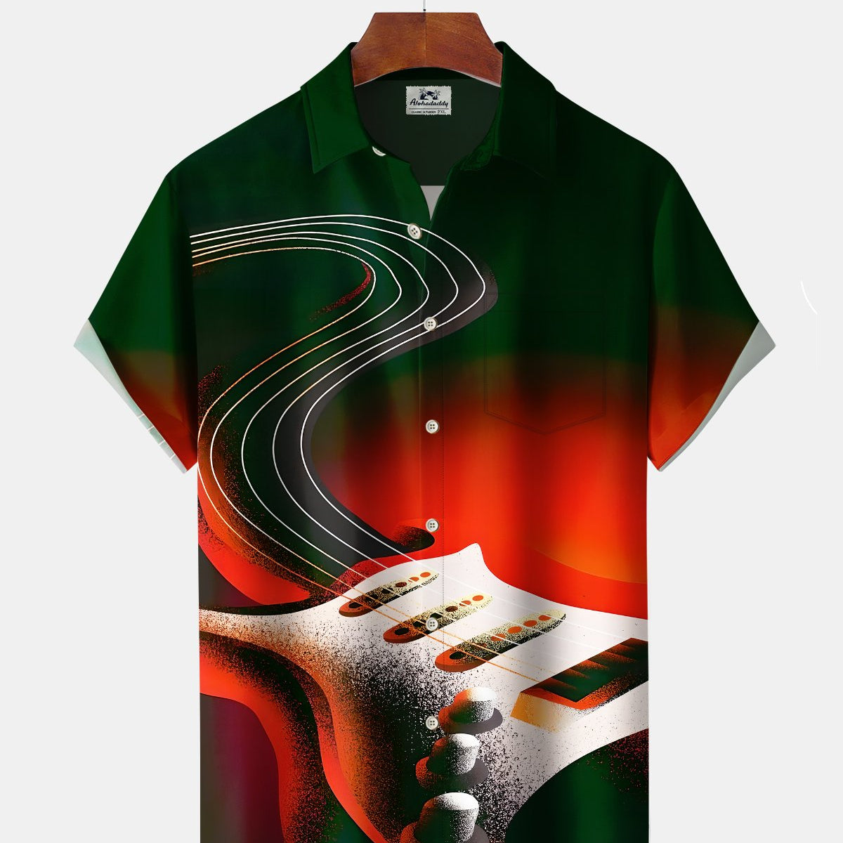 Alohadaddy® Retro Guitar Music Print Art Button Pocket Cardigan Men's Short Sleeve Shirt