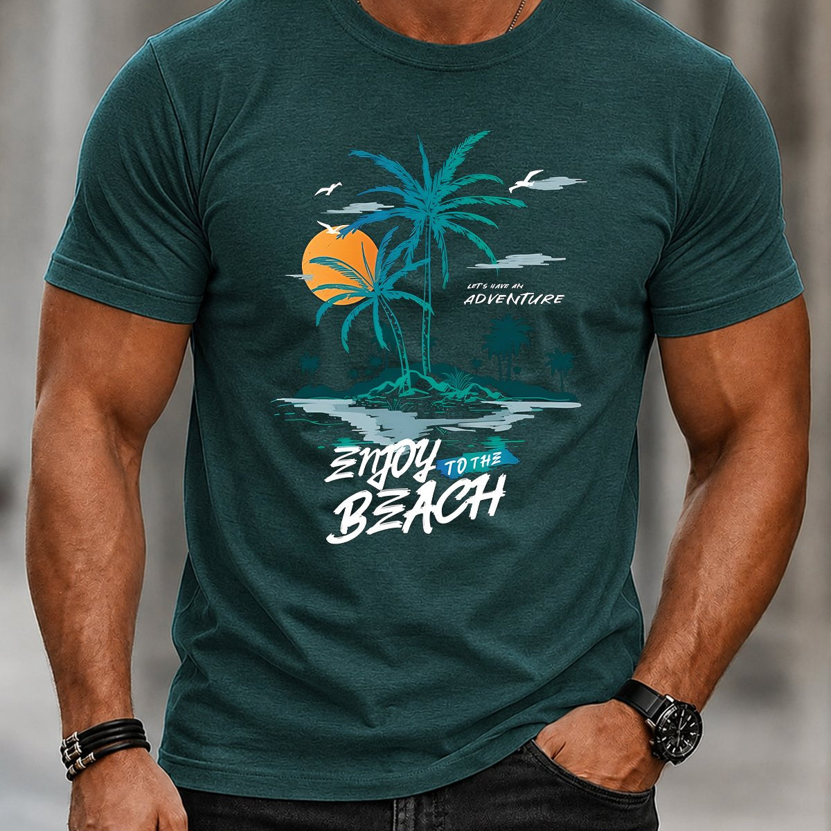 Alohadaddy® Men's Short-Sleeve Crew Neck T-Shirt with Hawaiian Palm Tree Print