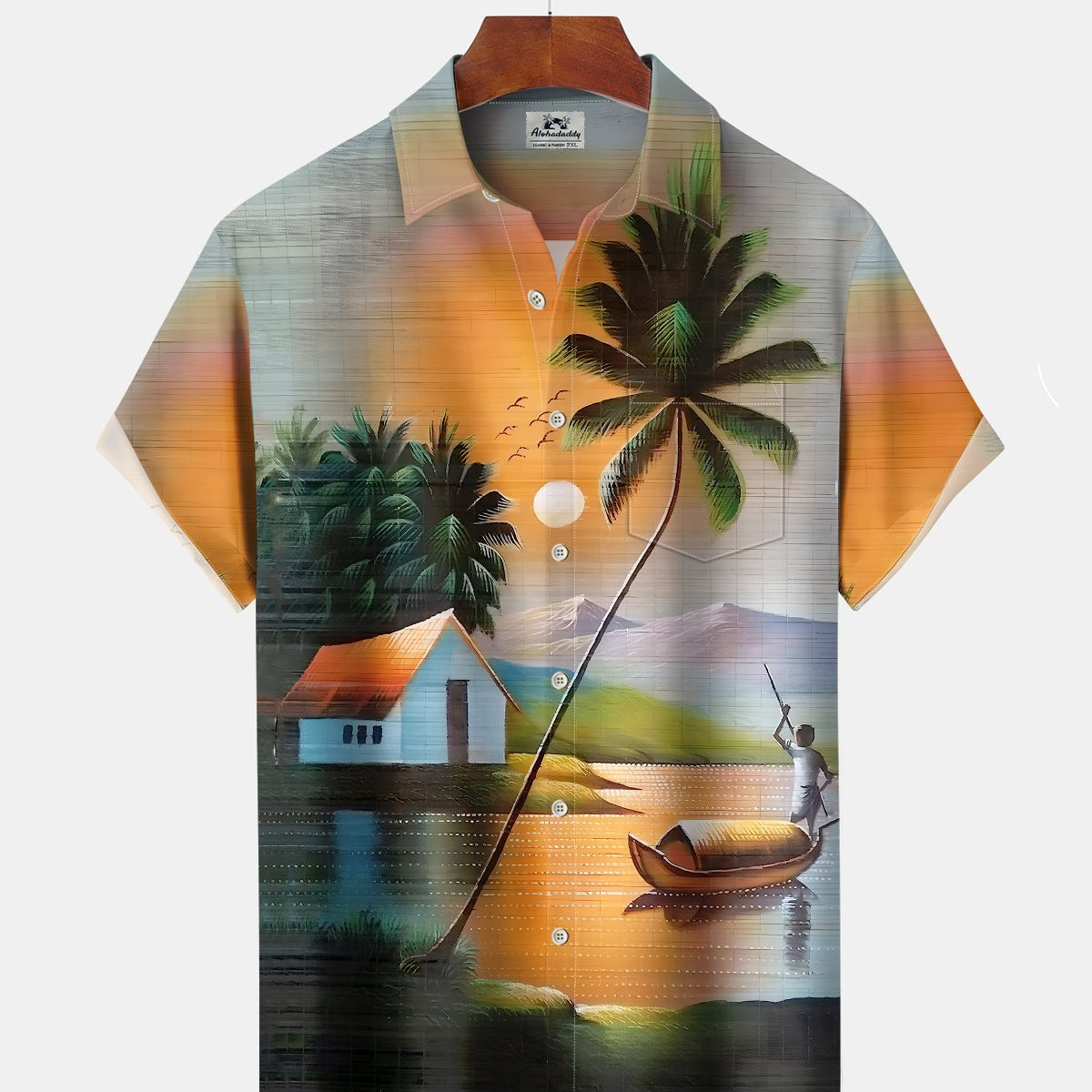 Alohadaddy® Men's Short-Sleeve Button-Down Shirt Sunset Fishing Village Print Pocket Cardigan Style