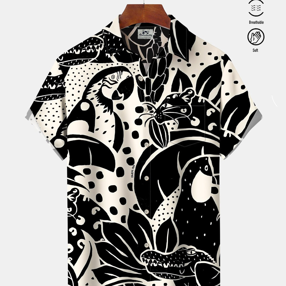Alohadaddy® Men's Short-Sleeve Button-Down Shirt with Parrot Print Pocket and Cardigan-Style Front