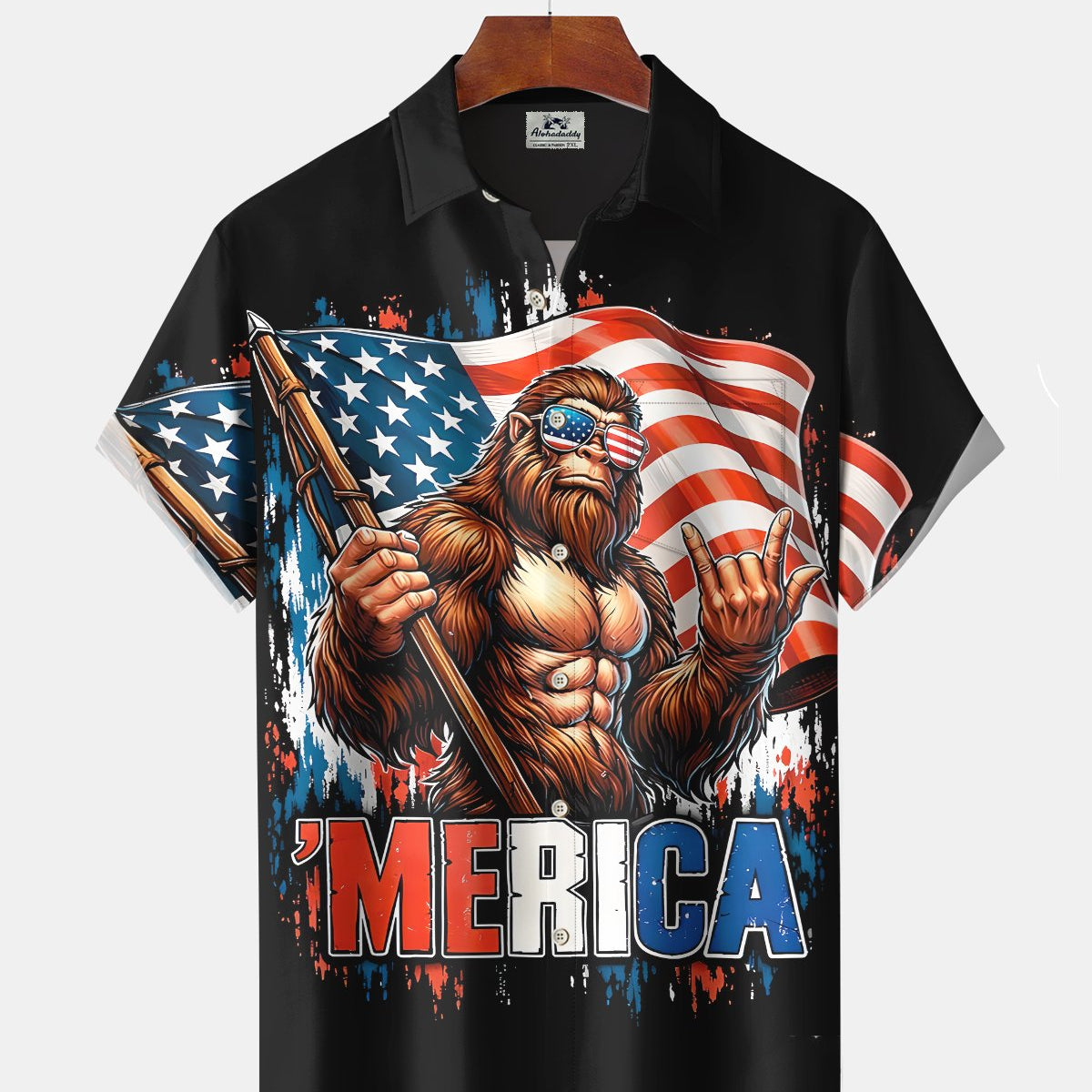 Alohadaddy® Men's Short-Sleeve Button-Down Cardigan Shirt USA 250th Anniversary & Bigfoot Graphic Print