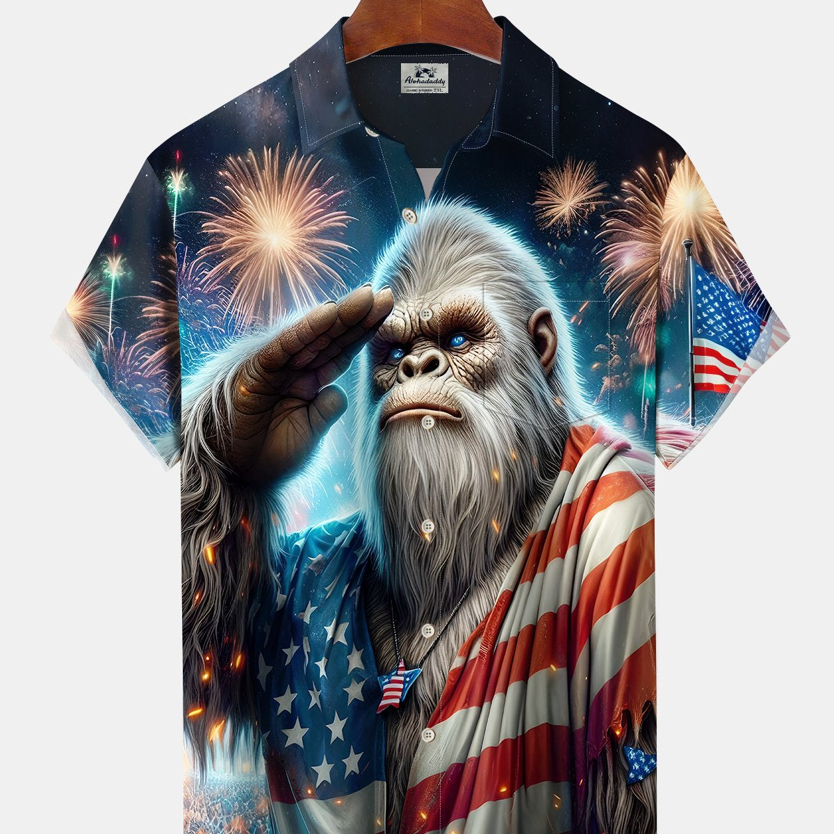Alohadaddy Holiday Collection Independence Day Bigfoot American Flag Print Art Button Cardigan Pockets Large Size Long Short Sleeve Polyester Shirt