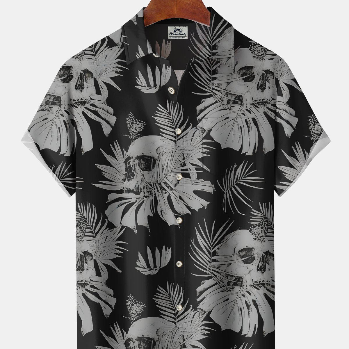 Alohadaddy Hawaii Skull Palm Leaves Painting Art Buttons Cardigan Pockets Stretch Large Size Long Short Sleeve Shirt