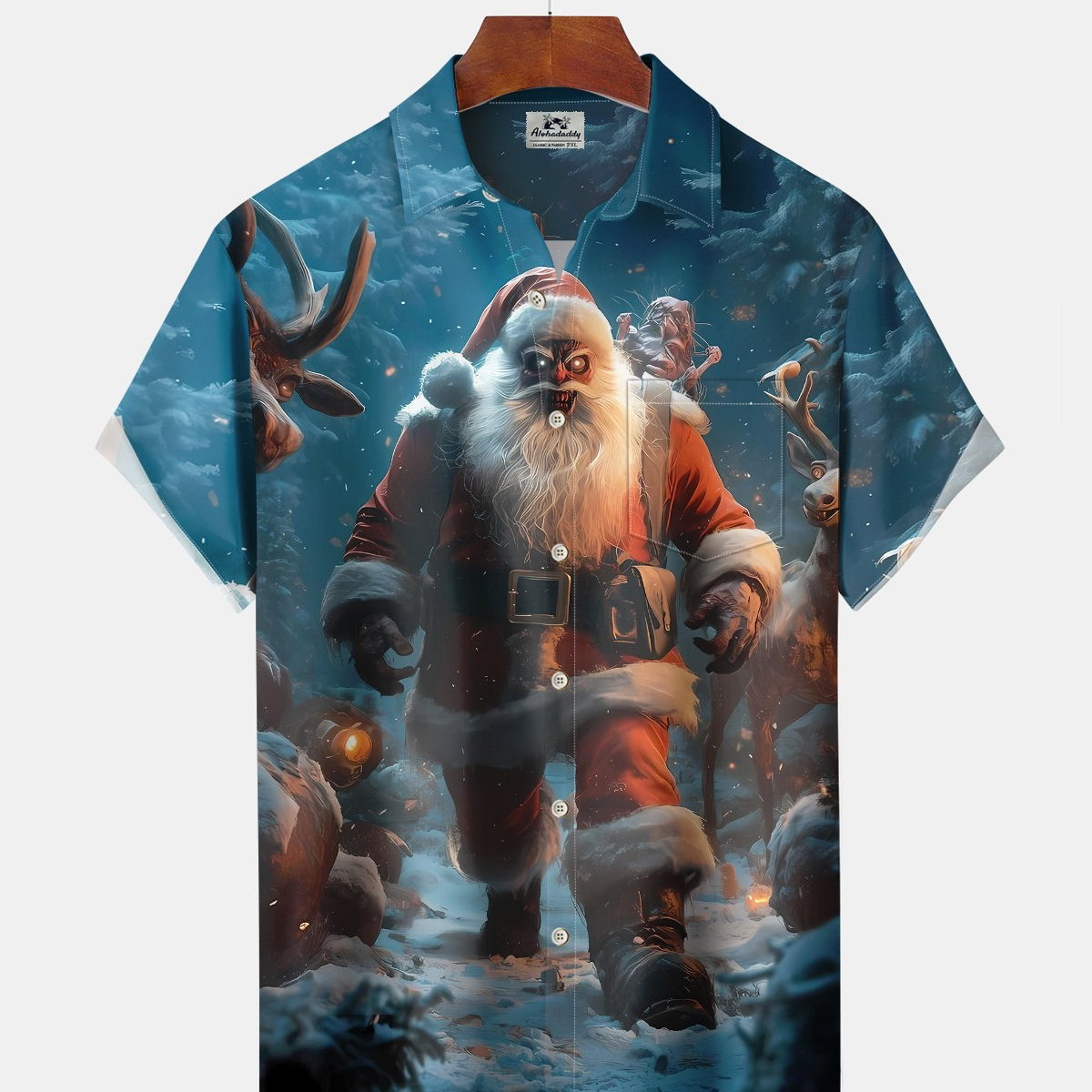 Alohadaddy® Christmas Scary Santa Christmas Tree Print Pocket Elastic Button Men's Short Sleeve Shirt Big & Tall