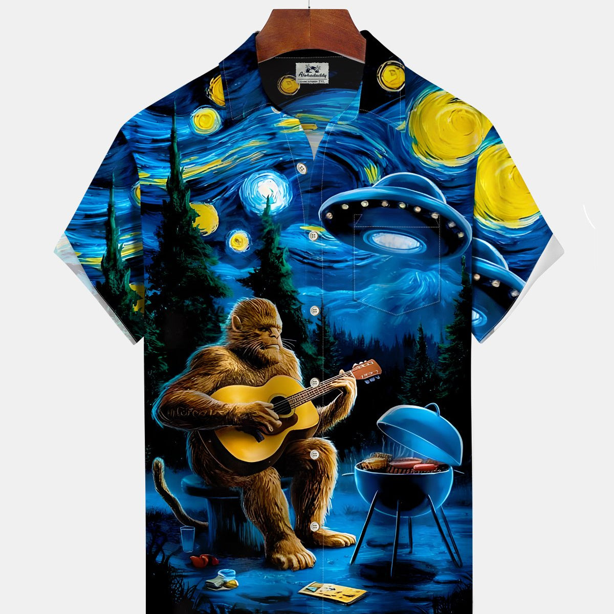 Alohadaddy® Retro Starry Sky Gorilla Music Print Art Buttons Pockets Cardigan Men's Short-Sleeve Shirt