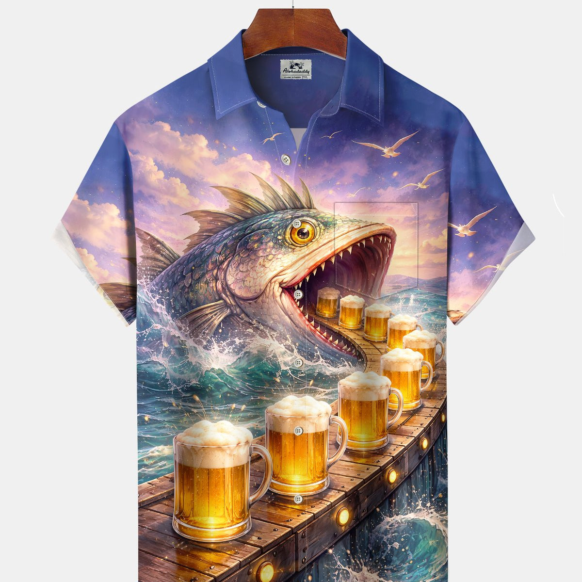 Alohadaddy® Men's Short-Sleeve Button-Down Shirt "Beer Season" Graphic Print with Chest Pocket