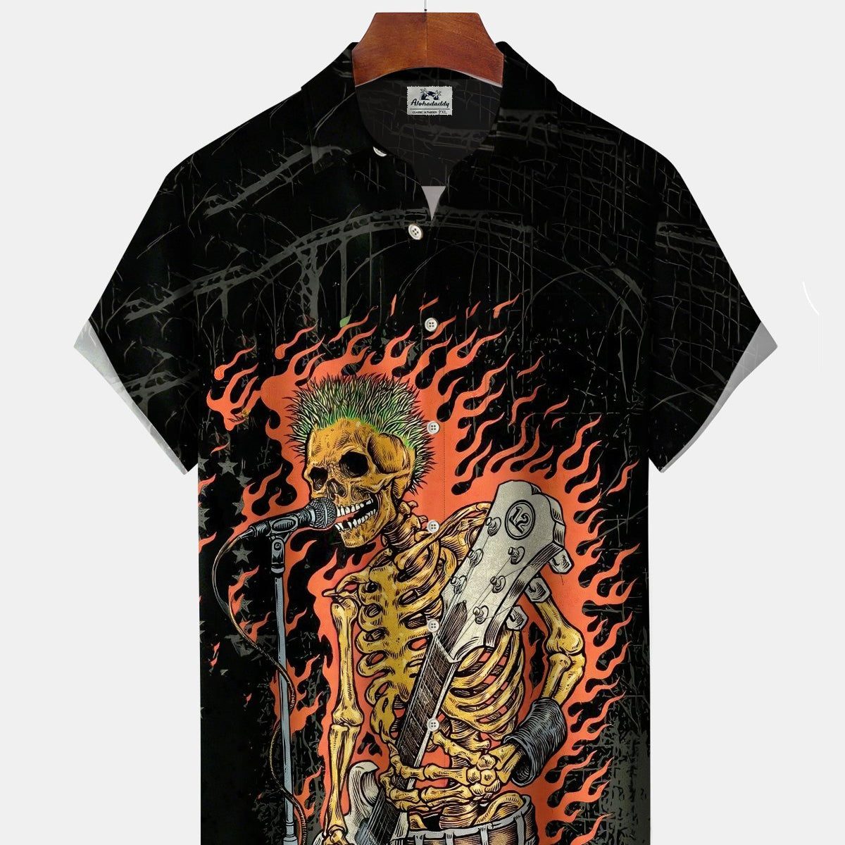 Alohadaddy® Men's Short-Sleeve Button-Down Shirt Vintage Skull & Music Art Print with Pocket
