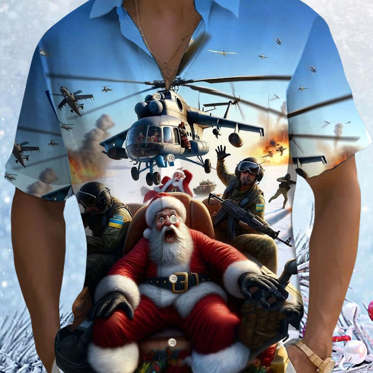 Alohadaddy® Christmas Santa Claus Graphic Print Pocket Elastic Button Men's Short Sleeve Shirt Big & Tall