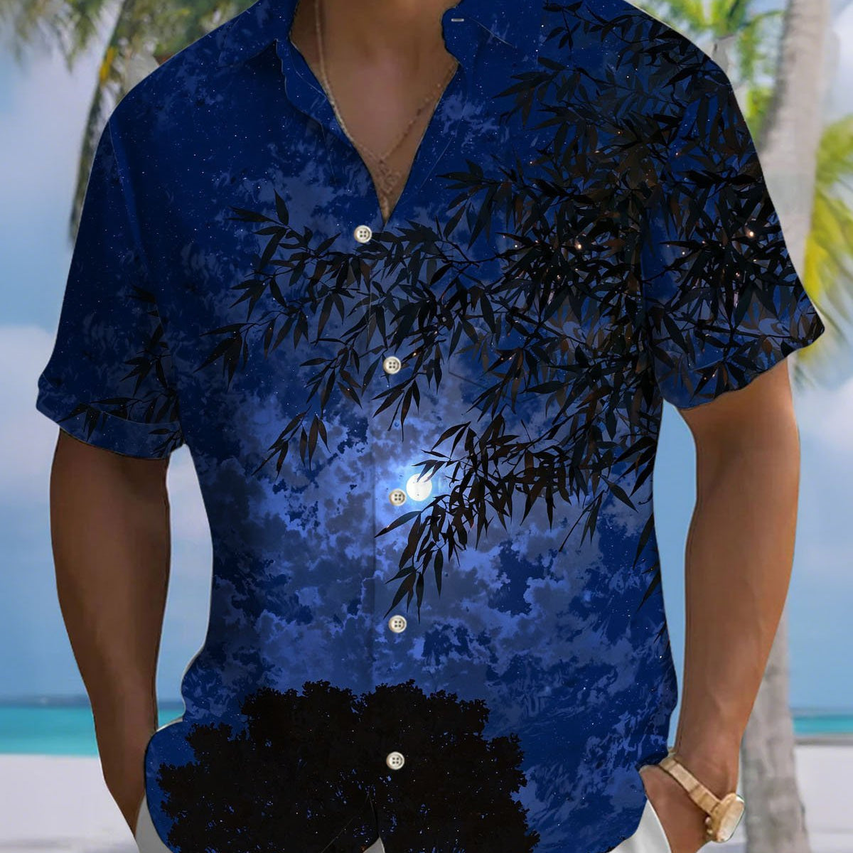 Alohadaddy® Casual Bamboo Leaf Night Sky Print Art Stretch Men's Short-Sleeve Shirt Big & Tall