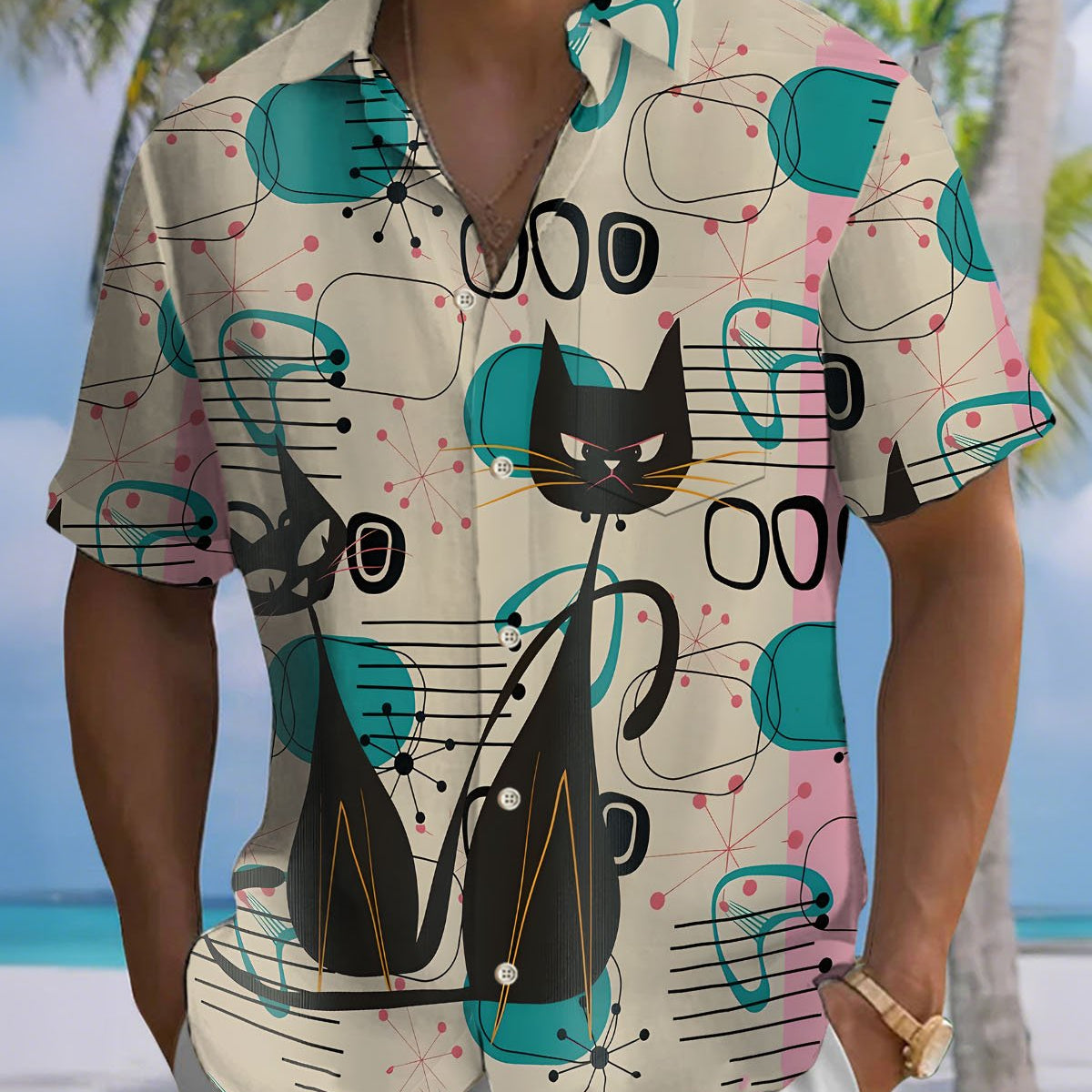 Alohadaddy® Casual Atomic Cat Print Artistic Button Pocket Cardigan Men's Short Sleeve Shirt Big & Tall