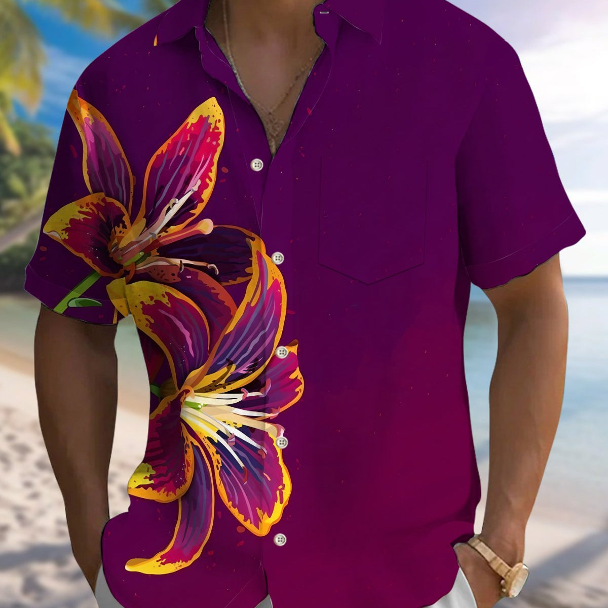 Alohadaddy® Vintage Lily Print Art Button Pocket Cardigan Men's Short Sleeve Shirt Big & Tall