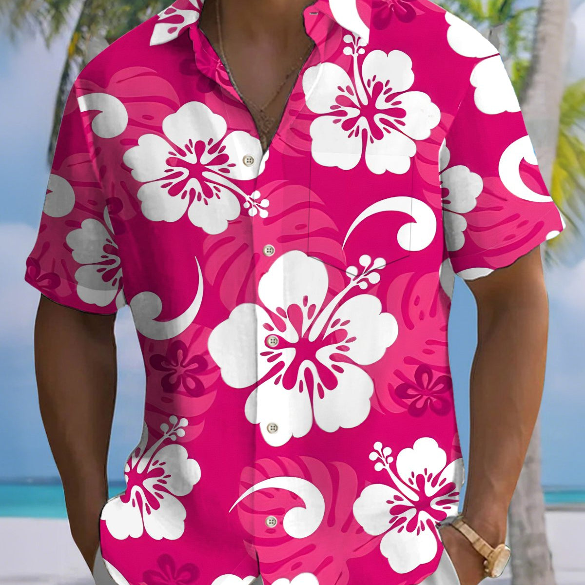 Alohadaddy® Men's Short-Sleeve Button-Down Shirt with Floral Print and Chest Pocket