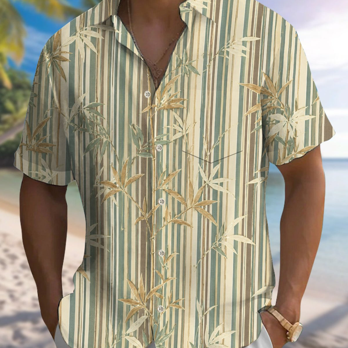 Alohadaddy® Hawaiian Bamboo Print Art Button Pocket Cardigan Men's Short Sleeve Shirt