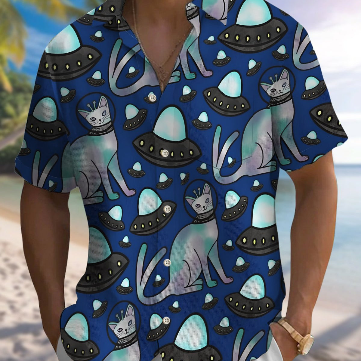 Alohadaddy® Men's Short-Sleeve Button-Down Shirt – Retro Space Cat Graphic Print with Pocket