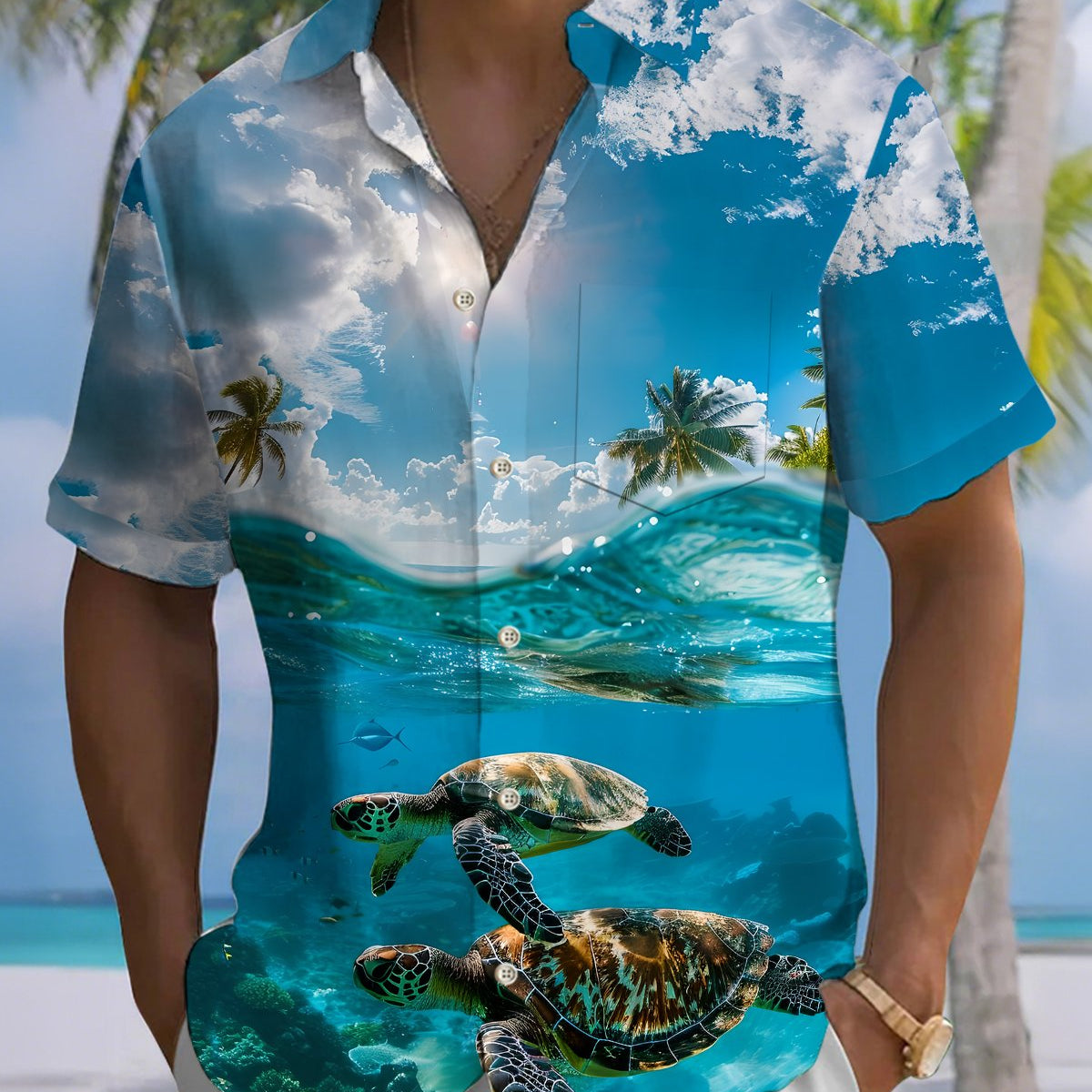 Alohadaddy® Men's Short-Sleeve Button-Down Shirt with Sea Turtle Art Print and Chest Pocket