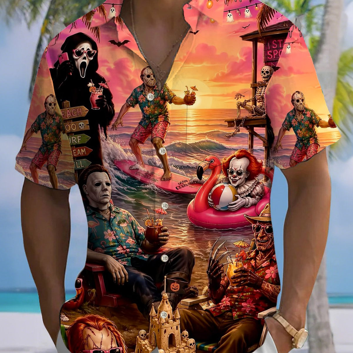 Alohadaddy® Holiday Halloween Graphic Print Button-Down Pocket Cardigan-Style Men's Short-Sleeve Shirt