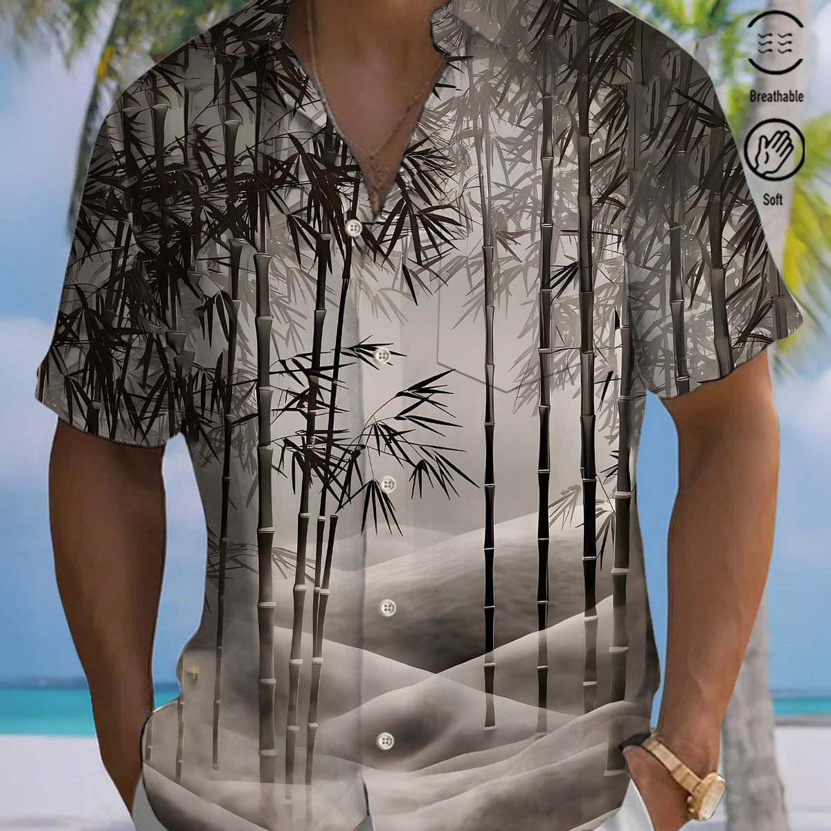 Alohadaddy® Men's Short-Sleeve Button-Down Shirt with Bamboo Print and Chest Pocket