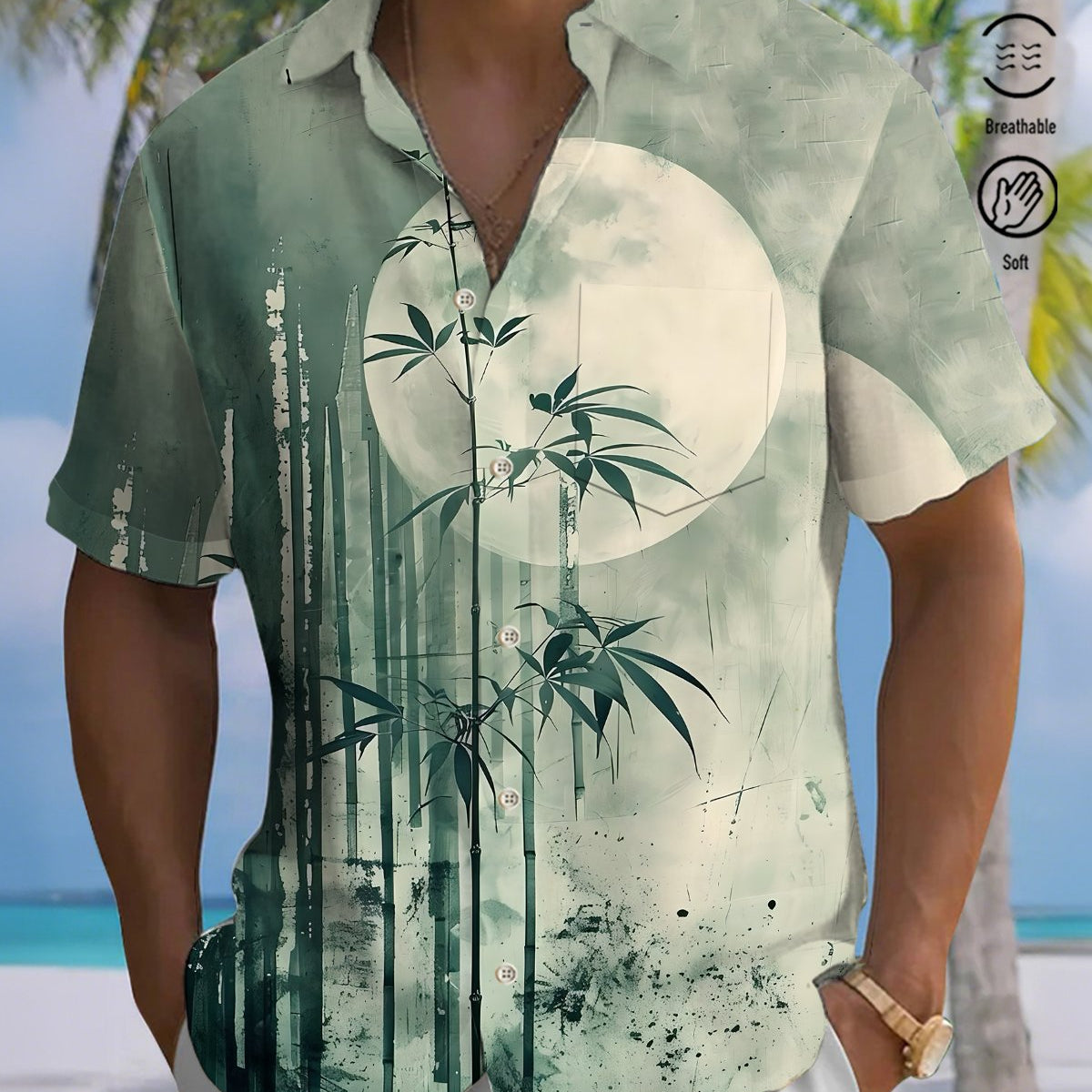 Alohadaddy® Men's Short-Sleeve Button-Down Shirt with Bamboo Print and Chest Pocket