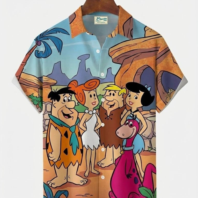 Alohadaddy® Hawaiian Retro Cartoon Print Men's Button-Down Short-Sleeve Shirt Big & Tall