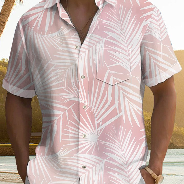 Men's Vacation Gradient Hawaiian Tropical Leaves Short-Sleeved Shirt Top