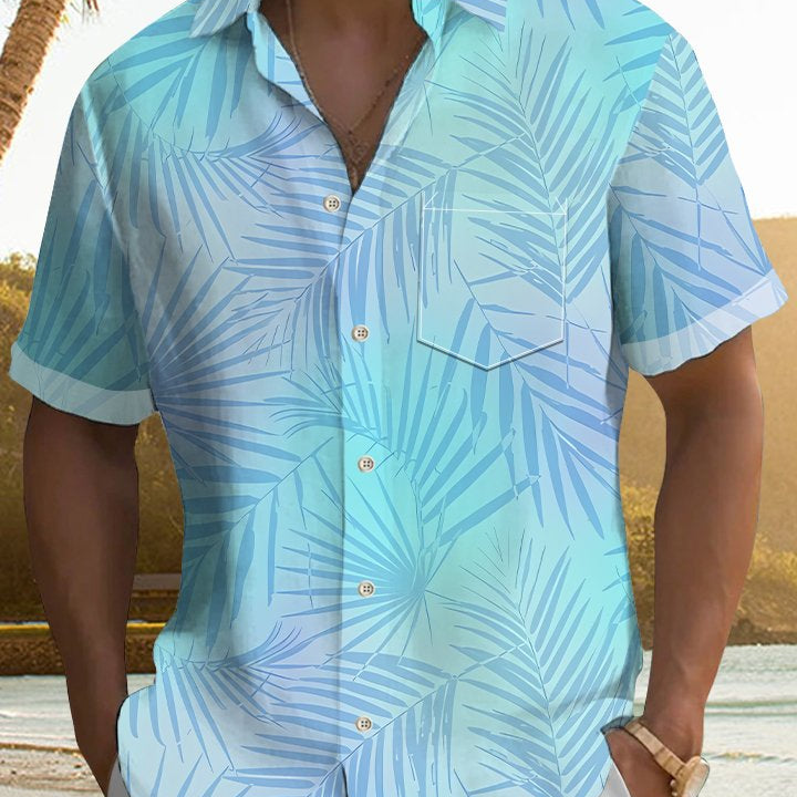 Men's Vacation Gradient Hawaiian Tropical Leaves Short-Sleeved Shirt Top