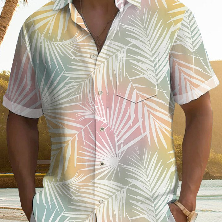 Camisa de manga corta con estampado de hojas tropicales hawaianas y degradados para hombre
