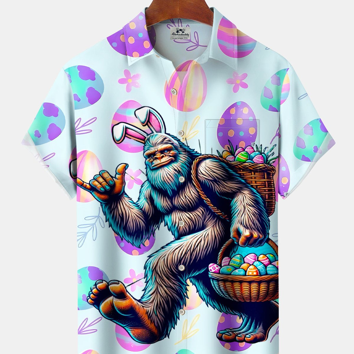 Alohadaddy Hawaii Easter Bigfoot Fun Print Art Buttons Stretch Large Size Men's Shirt