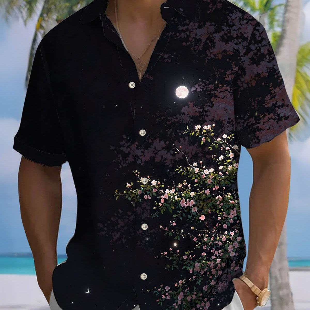 Alohadaddy® Casual Floral Night Sky Print Art Stretch Men's Short-Sleeve Shirt Big & Tall