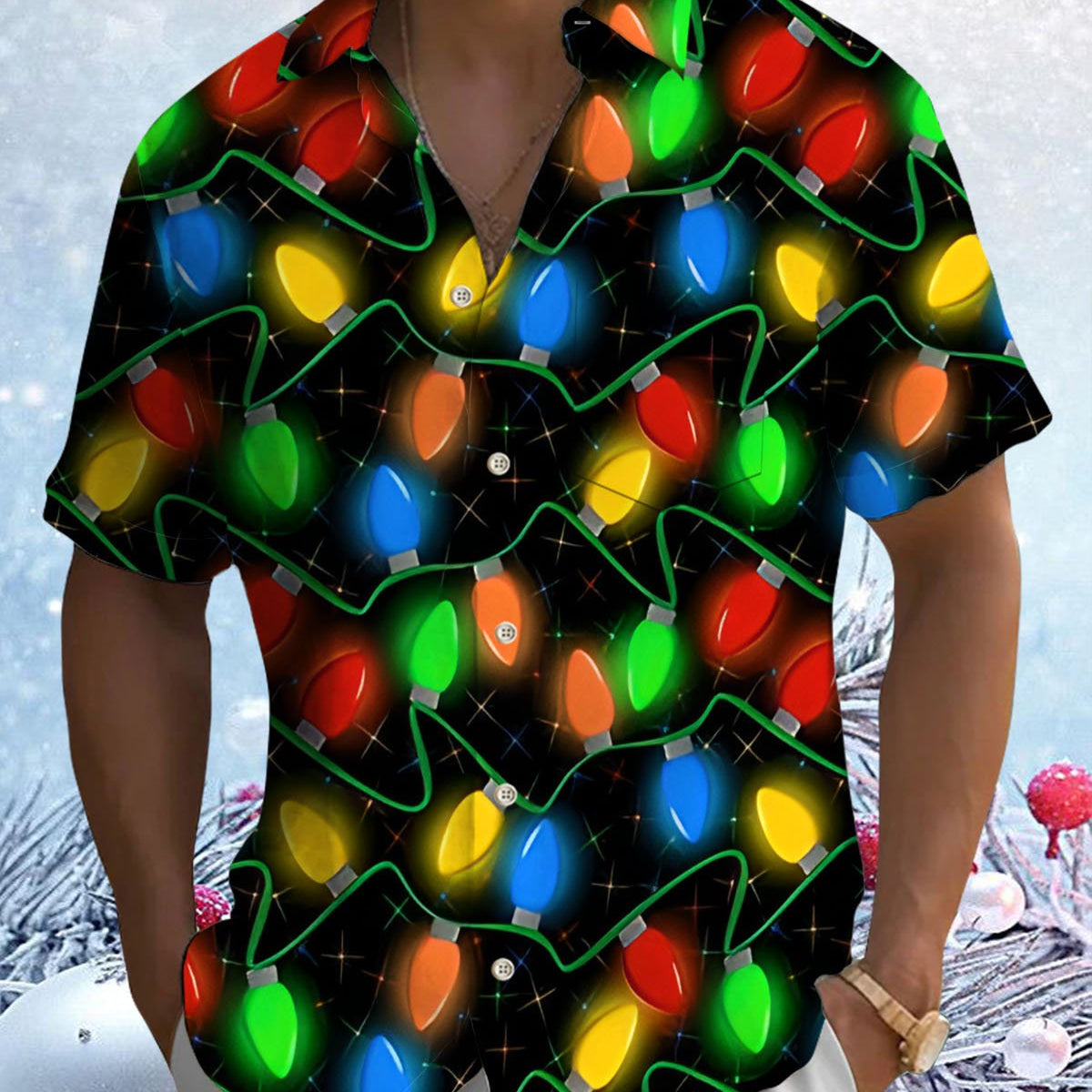 Alohadaddy® Holiday Christmas Lights Print Artistic Stretch Button Pocket Men's Short Sleeve Shirt Big & Tall