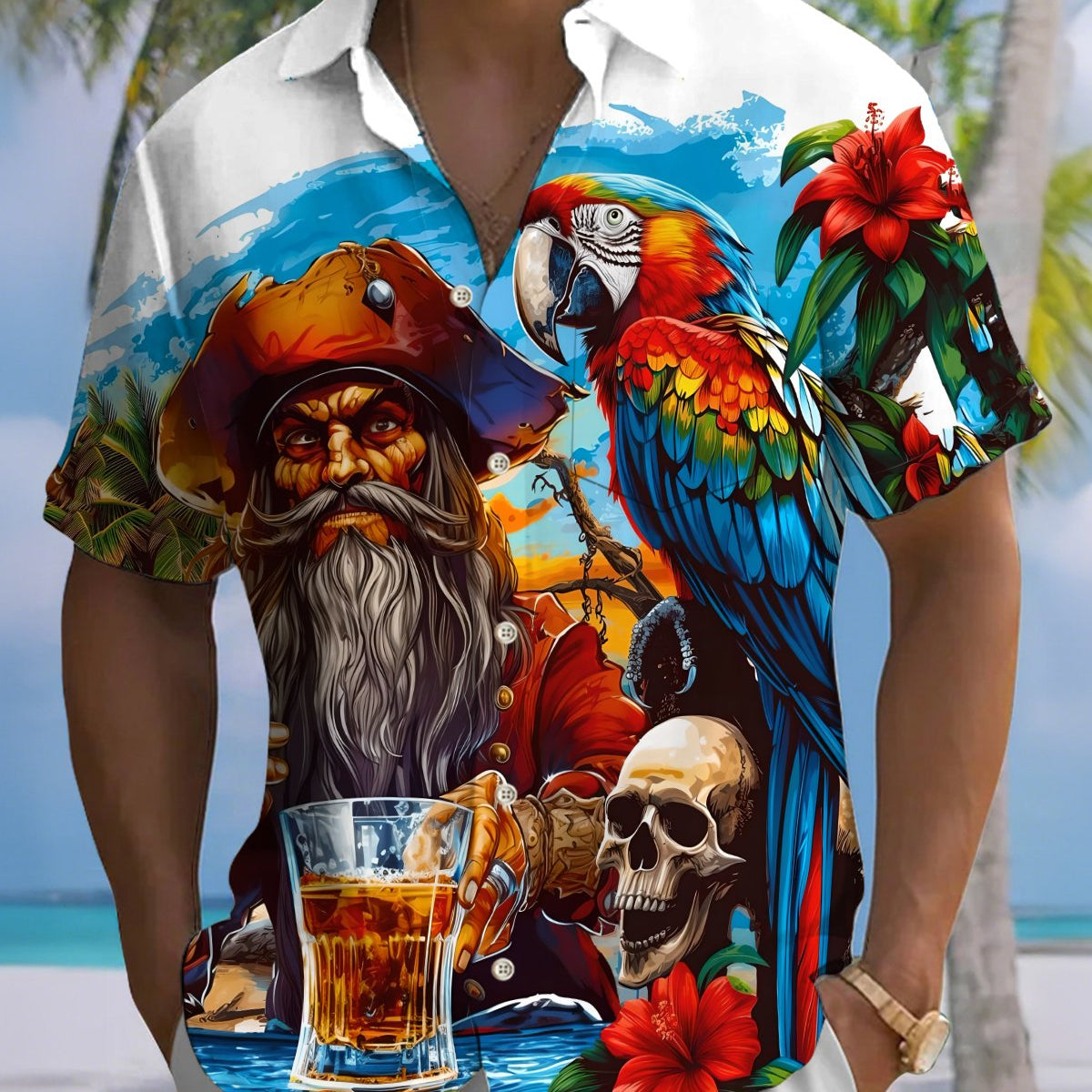 Alohadaddy® Hawaiian Parrot Print Art Button Pocket Cardigan Men's Short Sleeve Shirt Big & Tall