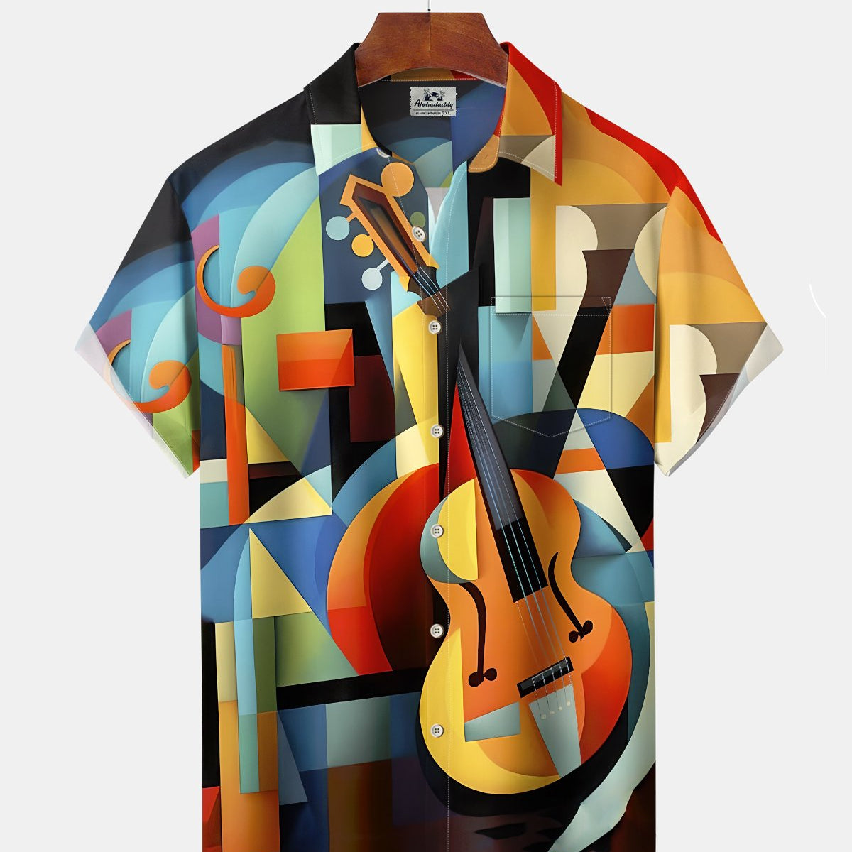 Alohadaddy® Men's Short-Sleeve Shirt Vintage Music Art Print Button-Down with Pocket
