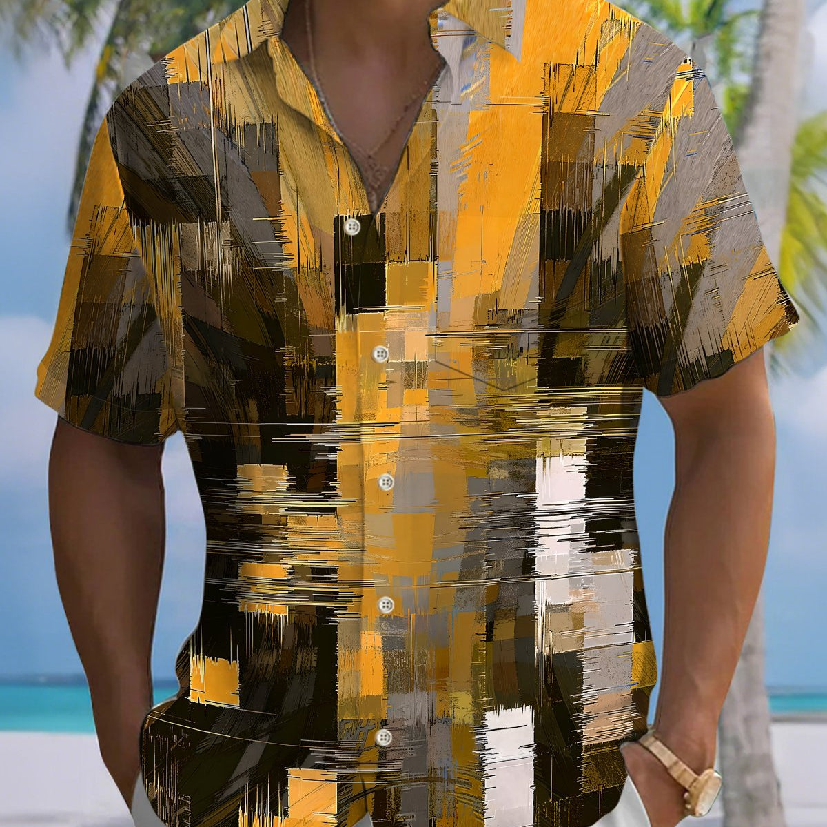 Alohadaddy® Vintage Abstract Print Art Button Pocket Cardigan Men's Short Sleeve Shirt