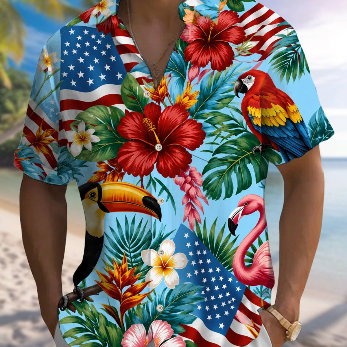Alohadaddy® Men's Short-Sleeve Button-Down Shirt with Flamingo Print and Chest Pocket