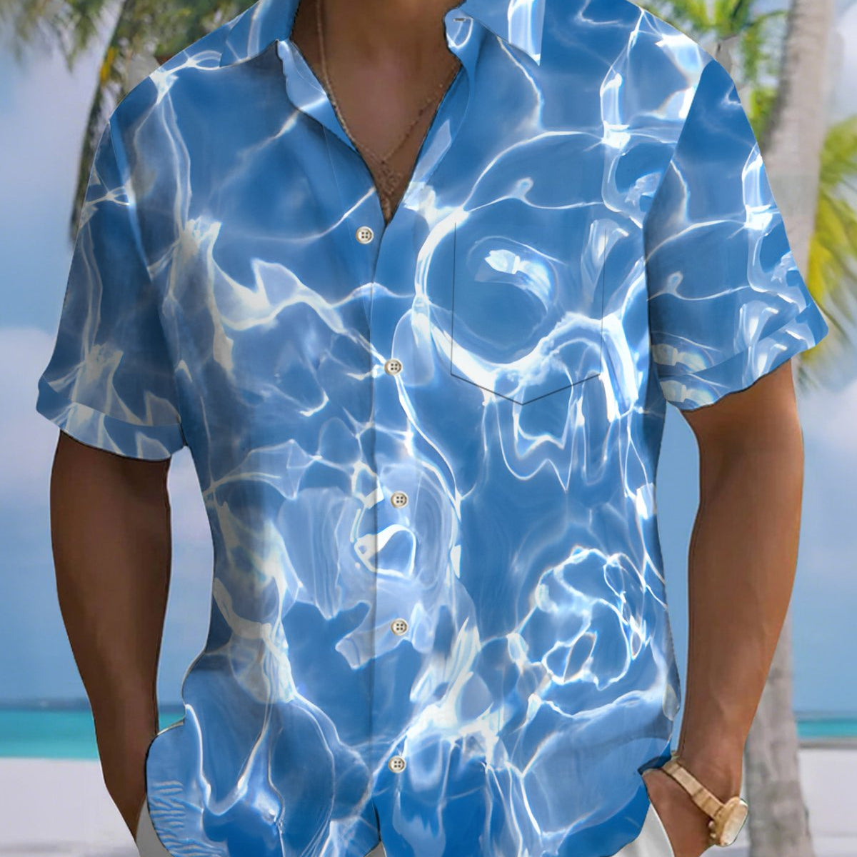 Alohadaddy® Men's Short-Sleeve Button-Down Shirt Hawaiian Ocean-Themed Art Print with Pocket