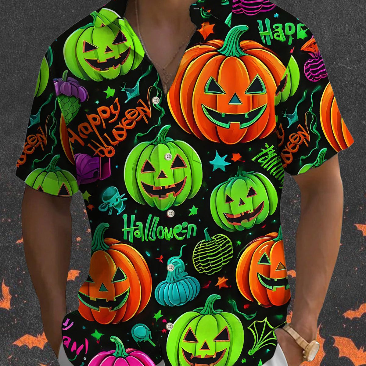 Alohadaddy® Holiday Halloween Graphic Print Button-Down Pocket Cardigan-Style Men's Short-Sleeve Shirt