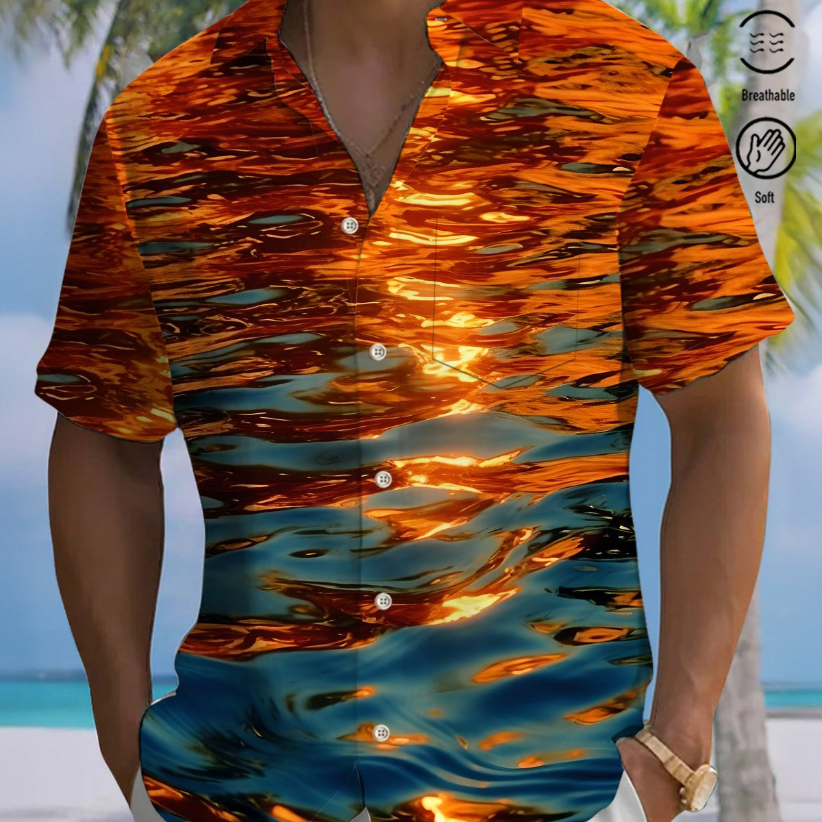 Alohadaddy® Men's Short-Sleeve Button-Down Shirt with Ocean-Themed Art Print and Chest Pocket