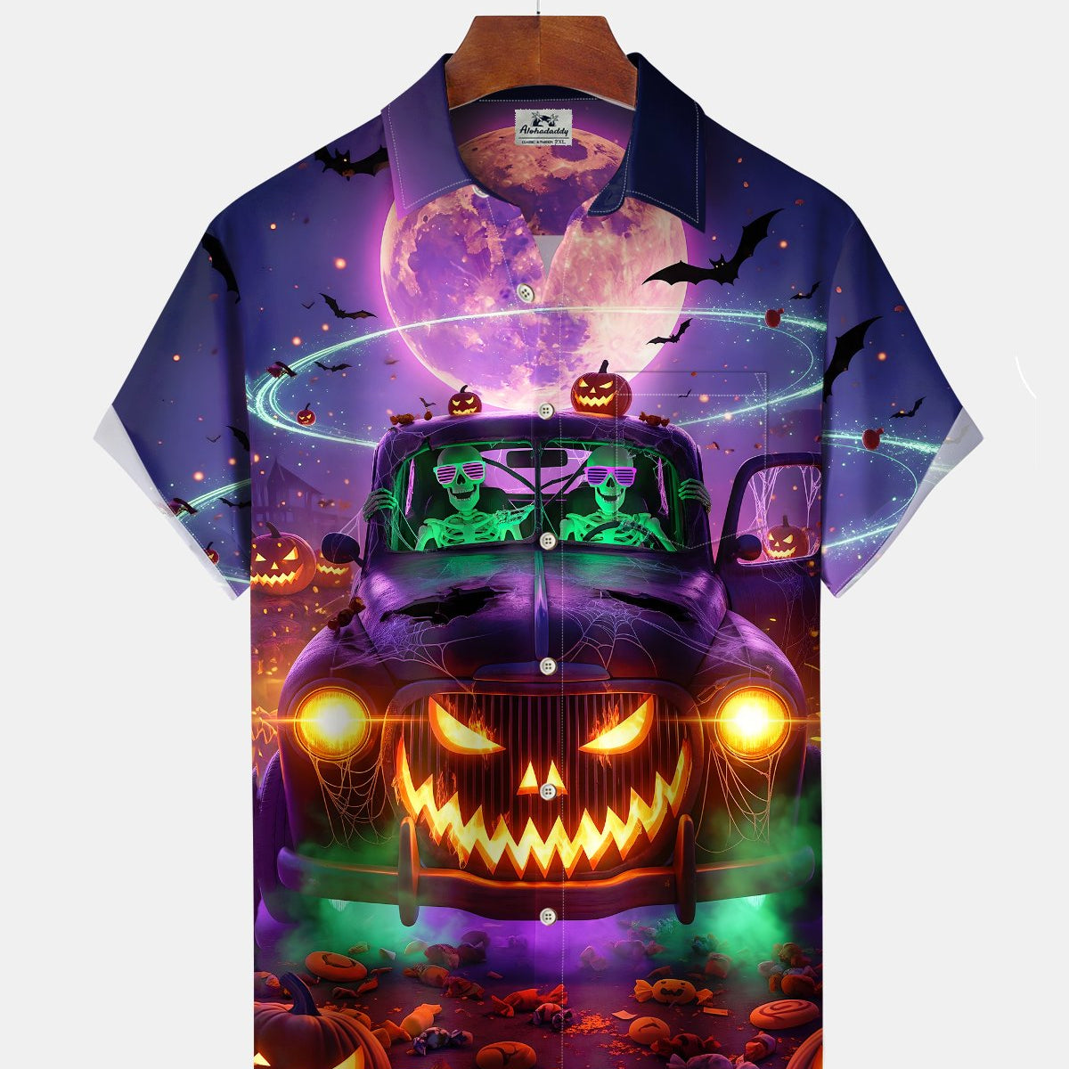 Alohadaddy® Holiday Halloween Graphic Print Button-Down Pocket Cardigan-Style Men's Short-Sleeve Shirt